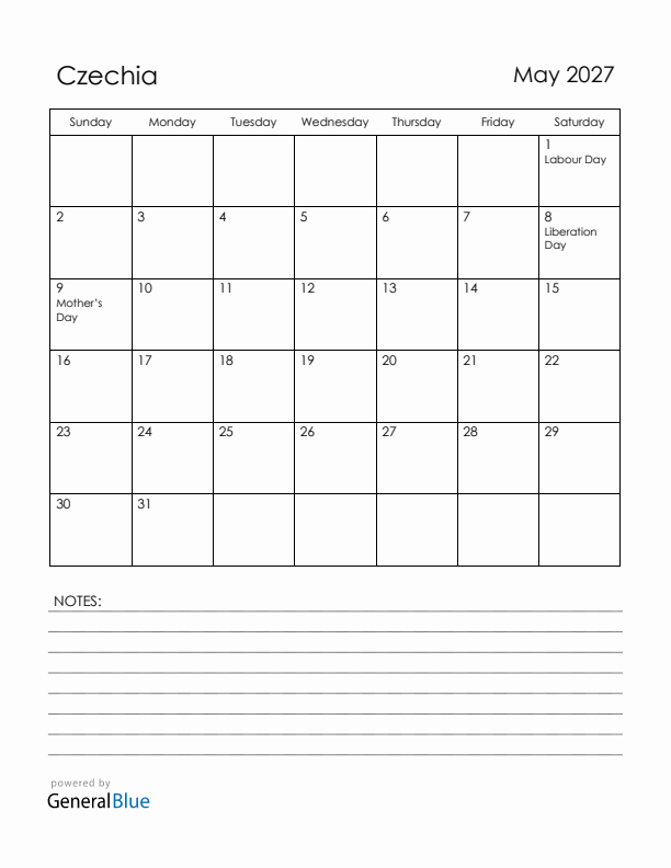 May 2027 Czechia Calendar with Holidays (Sunday Start)