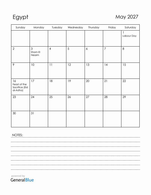 May 2027 Egypt Calendar with Holidays (Sunday Start)
