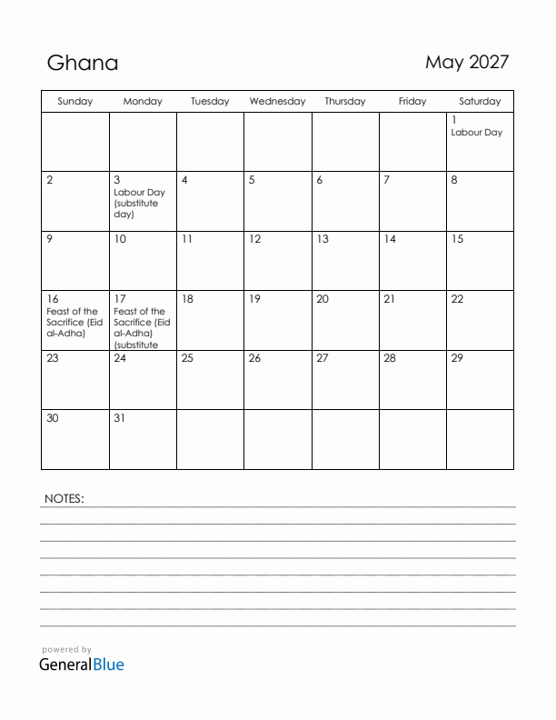 May 2027 Ghana Calendar with Holidays (Sunday Start)