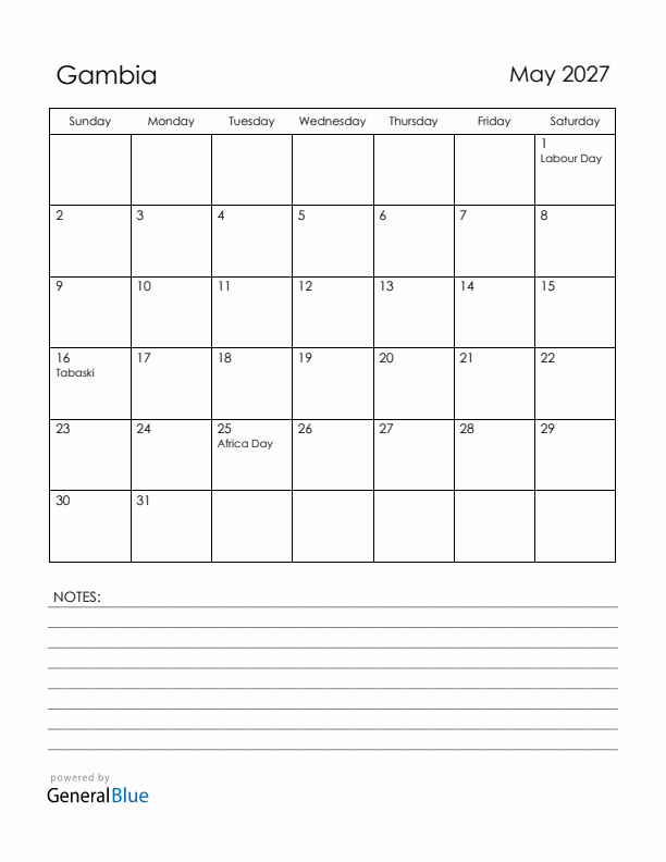 May 2027 Gambia Calendar with Holidays (Sunday Start)