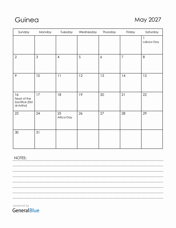 May 2027 Guinea Calendar with Holidays (Sunday Start)