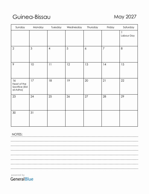 May 2027 Guinea-Bissau Calendar with Holidays (Sunday Start)