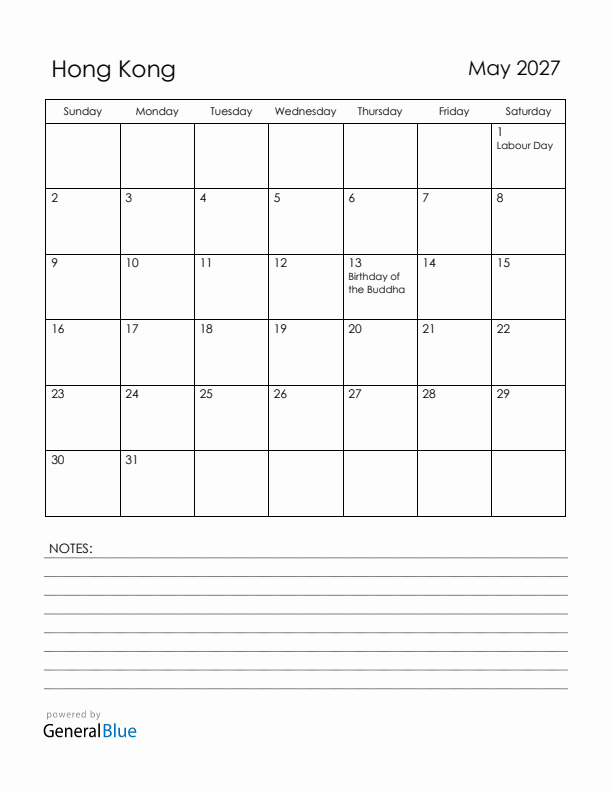 May 2027 Hong Kong Calendar with Holidays (Sunday Start)