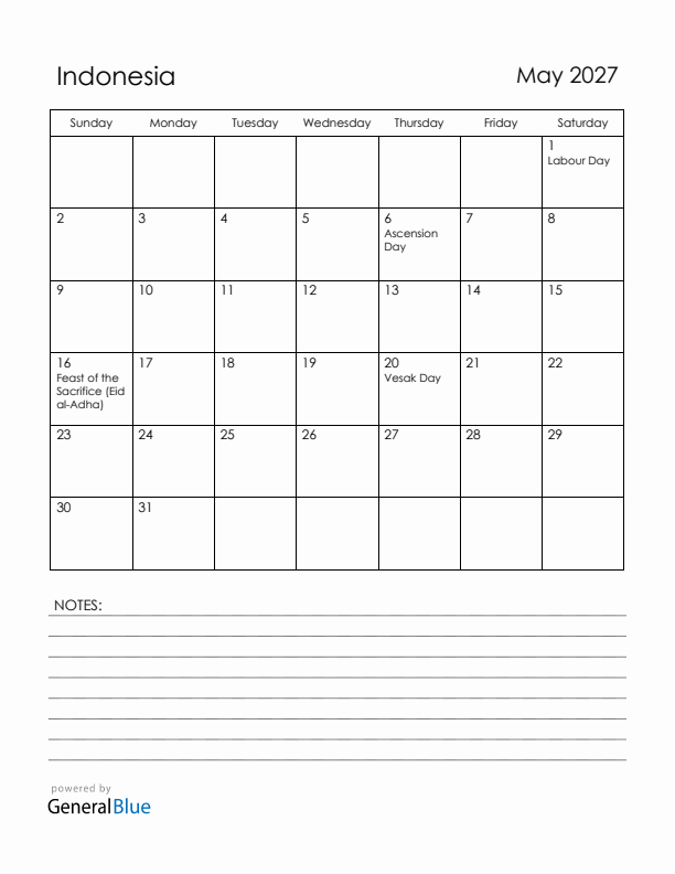 May 2027 Indonesia Calendar with Holidays (Sunday Start)