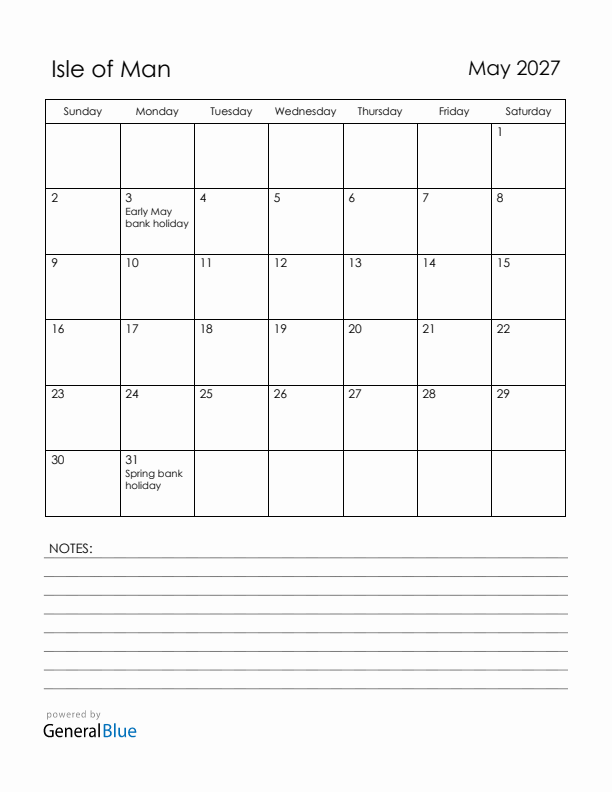 May 2027 Isle of Man Calendar with Holidays (Sunday Start)