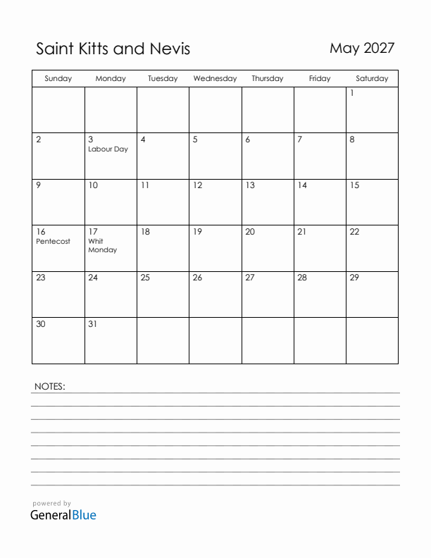 May 2027 Saint Kitts and Nevis Calendar with Holidays (Sunday Start)