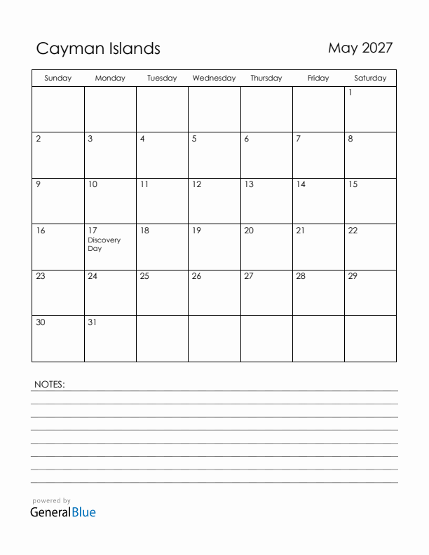 May 2027 Cayman Islands Calendar with Holidays (Sunday Start)