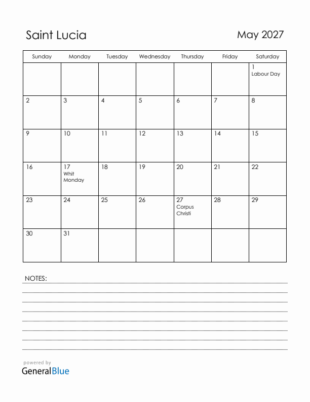 May 2027 Saint Lucia Calendar with Holidays (Sunday Start)