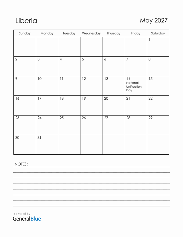 May 2027 Liberia Calendar with Holidays (Sunday Start)