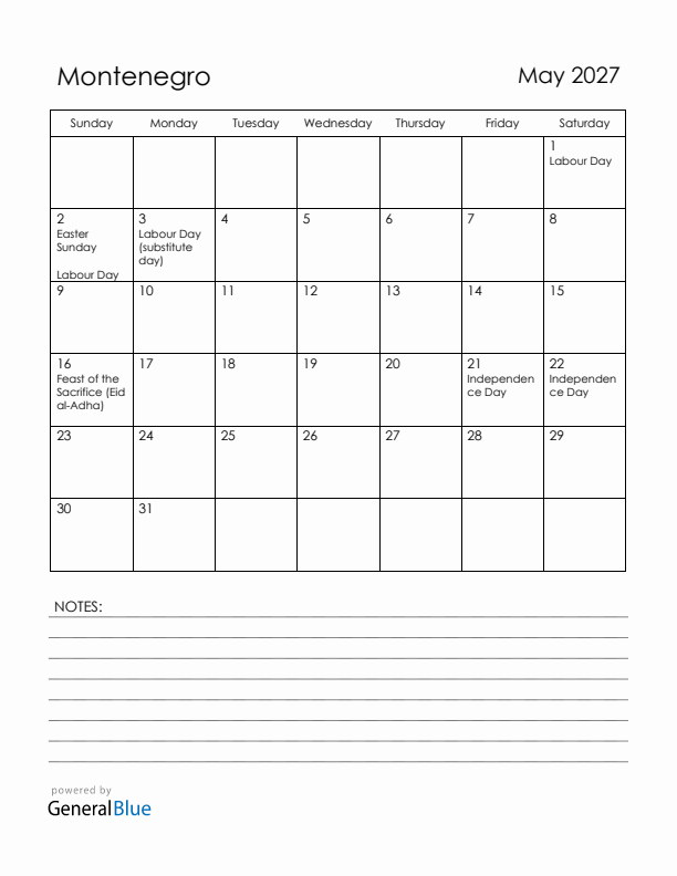 May 2027 Montenegro Calendar with Holidays (Sunday Start)