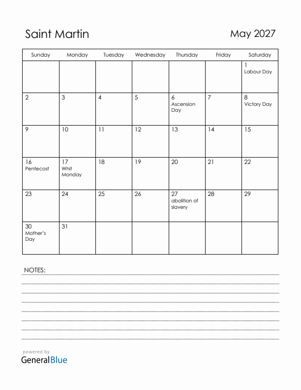 May 2027 Saint Martin Calendar with Holidays (Sunday Start)