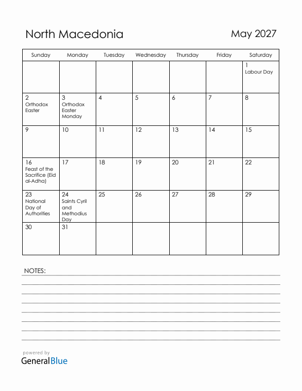 May 2027 North Macedonia Calendar with Holidays (Sunday Start)