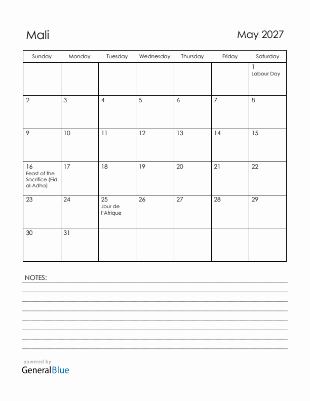 May 2027 Mali Calendar with Holidays (Sunday Start)