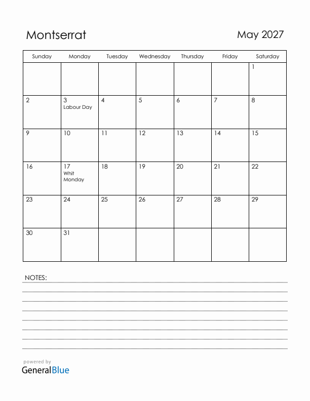 May 2027 Montserrat Calendar with Holidays (Sunday Start)
