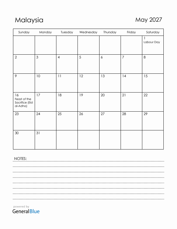May 2027 Malaysia Calendar with Holidays (Sunday Start)