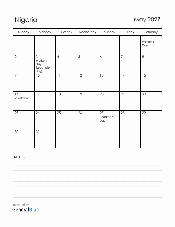 May 2027 Nigeria Calendar with Holidays (Sunday Start)