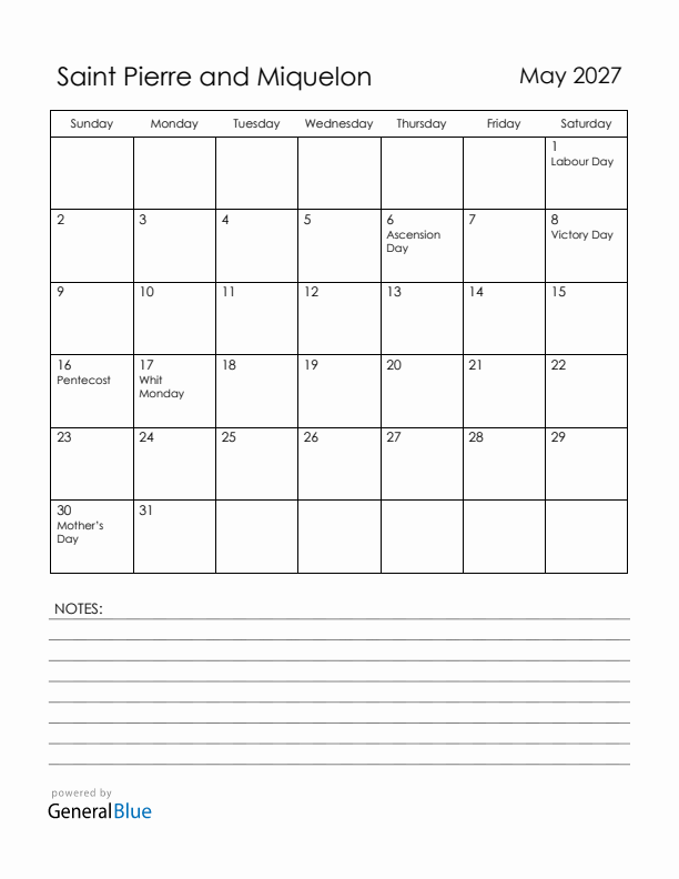 May 2027 Saint Pierre and Miquelon Calendar with Holidays (Sunday Start)