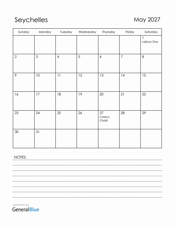 May 2027 Seychelles Calendar with Holidays (Sunday Start)