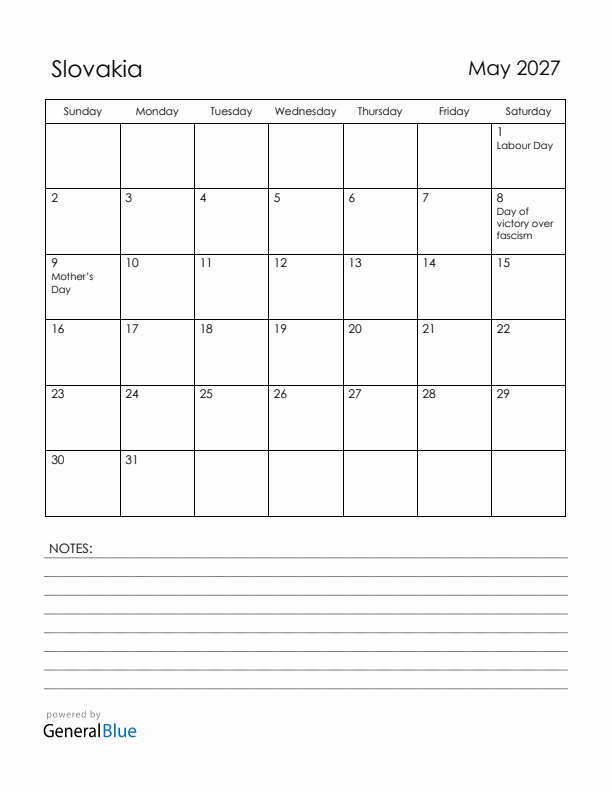 May 2027 Slovakia Calendar with Holidays (Sunday Start)