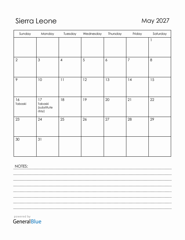 May 2027 Sierra Leone Calendar with Holidays (Sunday Start)