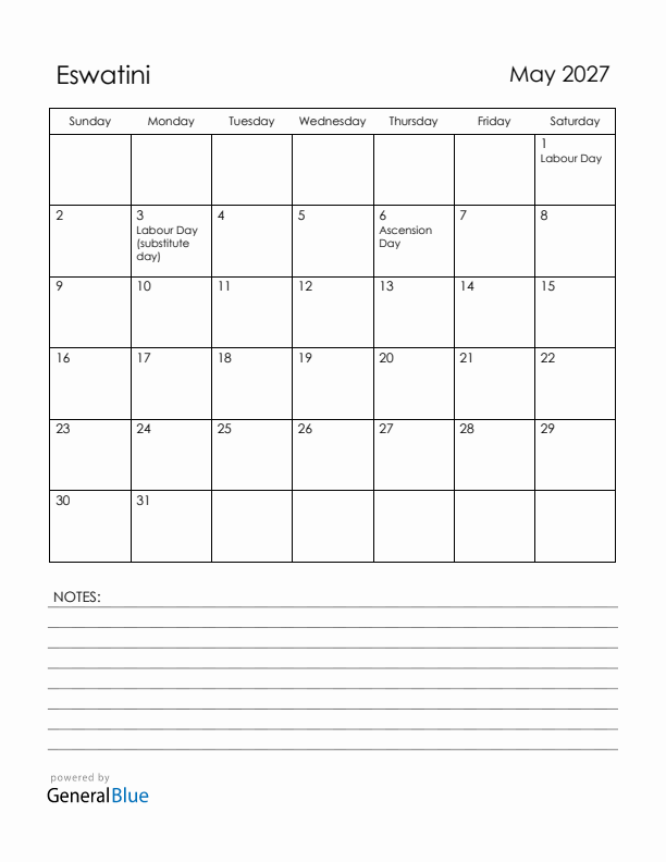 May 2027 Eswatini Calendar with Holidays (Sunday Start)