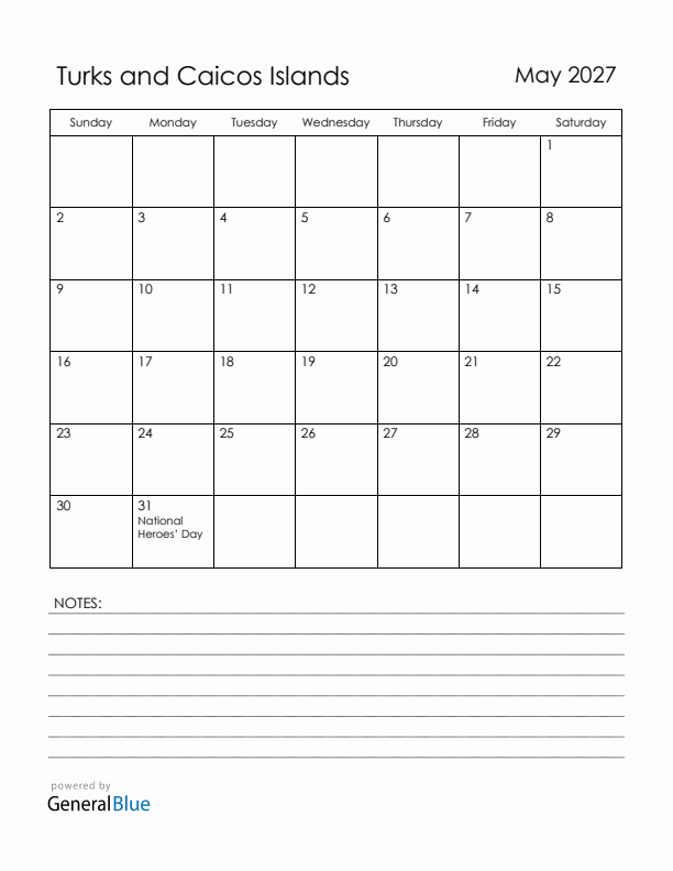 May 2027 Turks and Caicos Islands Calendar with Holidays (Sunday Start)