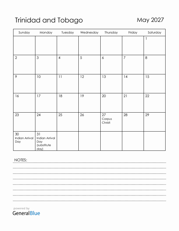 May 2027 Trinidad and Tobago Calendar with Holidays (Sunday Start)