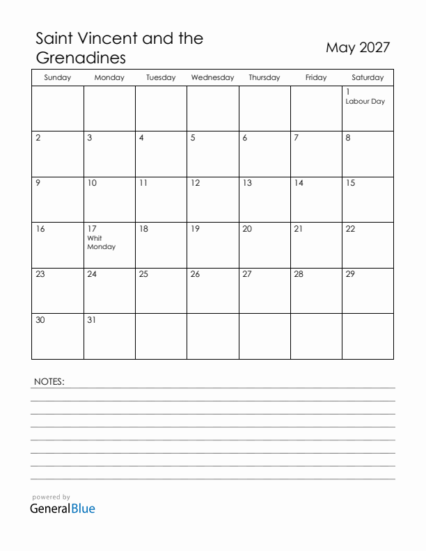 May 2027 Saint Vincent and the Grenadines Calendar with Holidays (Sunday Start)