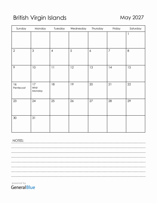 May 2027 British Virgin Islands Calendar with Holidays (Sunday Start)