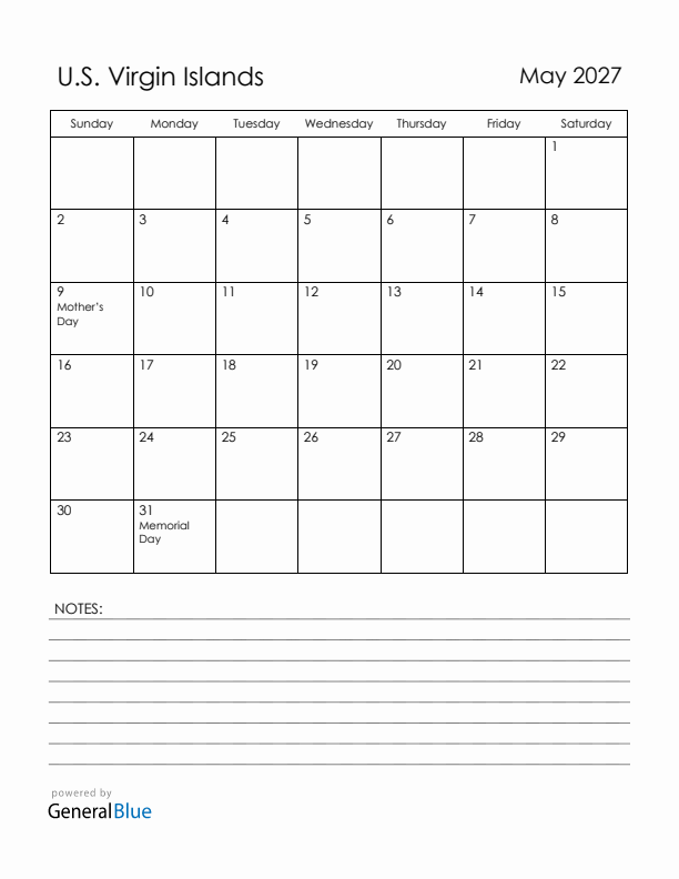 May 2027 U.S. Virgin Islands Calendar with Holidays (Sunday Start)