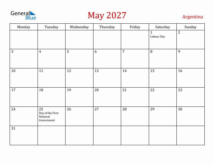 Argentina May 2027 Calendar - Monday Start