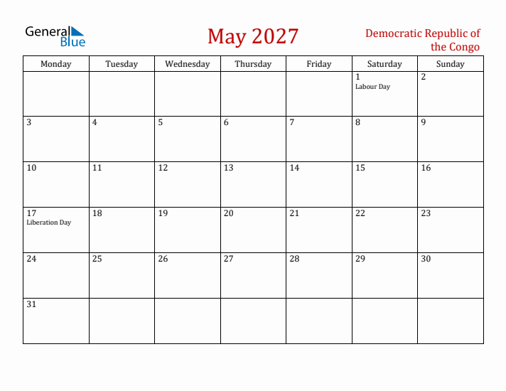 Democratic Republic of the Congo May 2027 Calendar - Monday Start