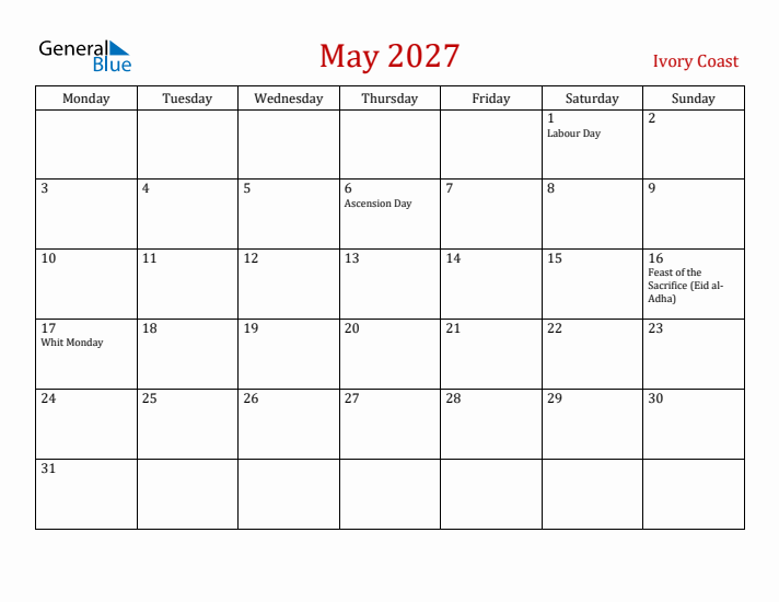 Ivory Coast May 2027 Calendar - Monday Start