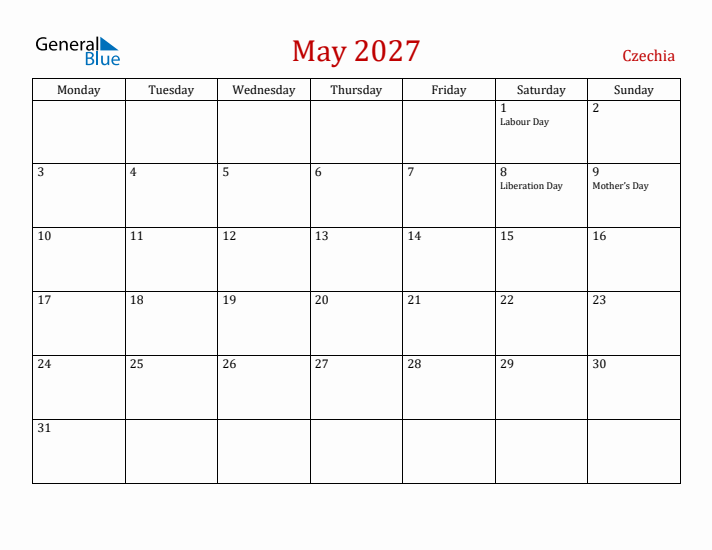 Czechia May 2027 Calendar - Monday Start