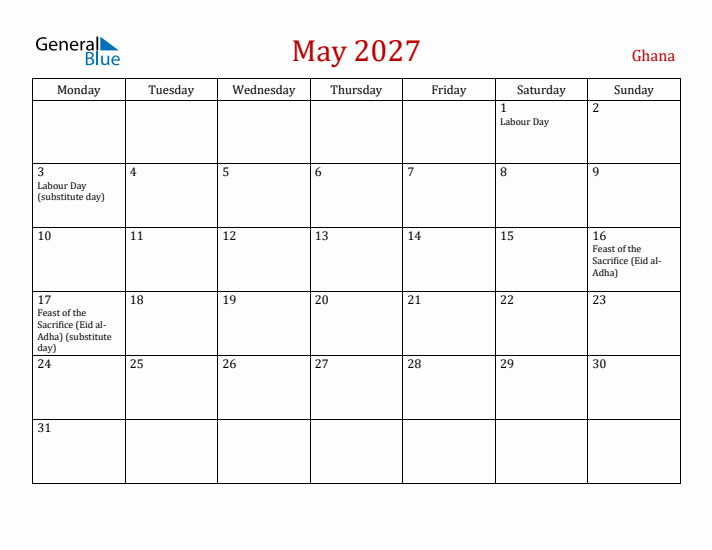 Ghana May 2027 Calendar - Monday Start