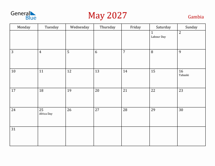 Gambia May 2027 Calendar - Monday Start