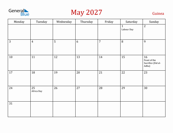 Guinea May 2027 Calendar - Monday Start