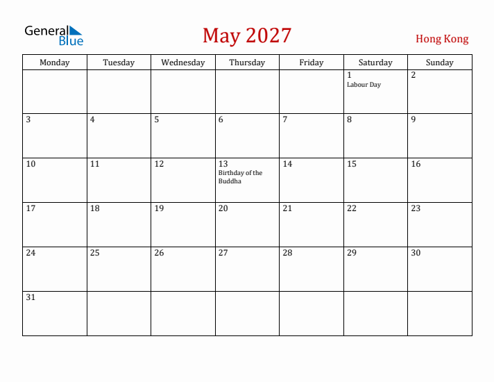 Hong Kong May 2027 Calendar - Monday Start