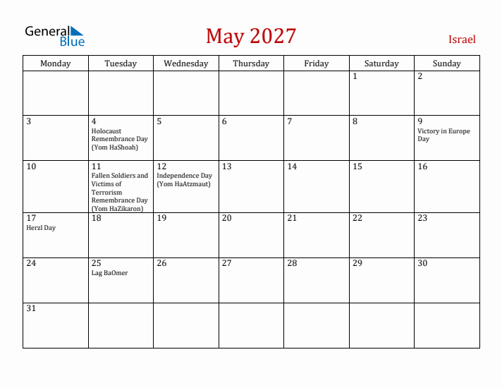 Israel May 2027 Calendar - Monday Start
