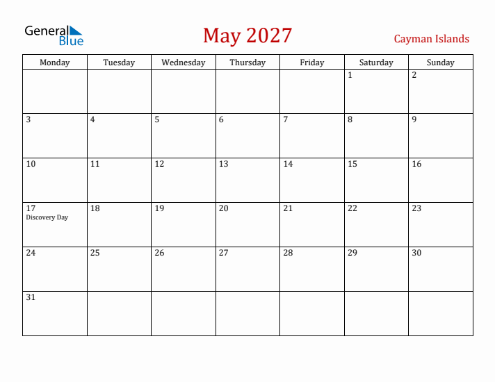 Cayman Islands May 2027 Calendar - Monday Start