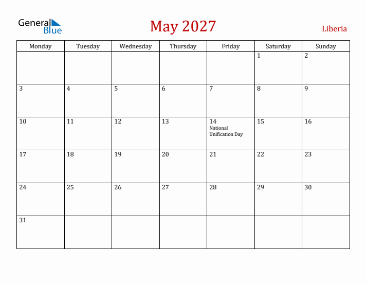 Liberia May 2027 Calendar - Monday Start