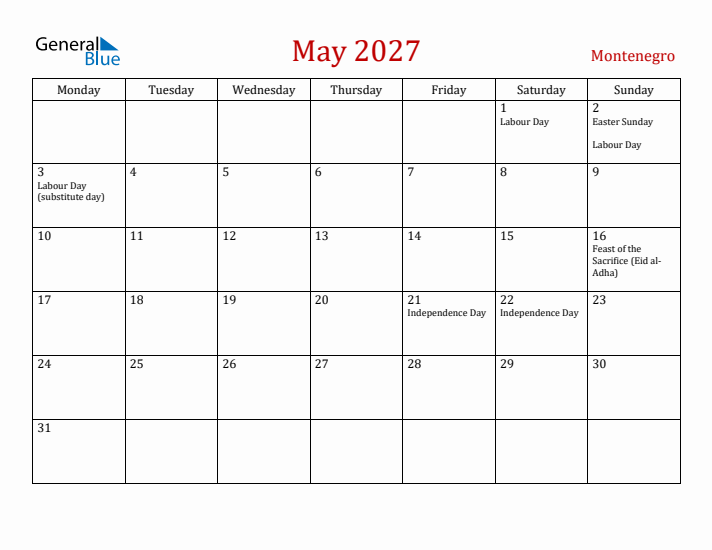 Montenegro May 2027 Calendar - Monday Start