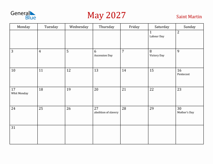 Saint Martin May 2027 Calendar - Monday Start