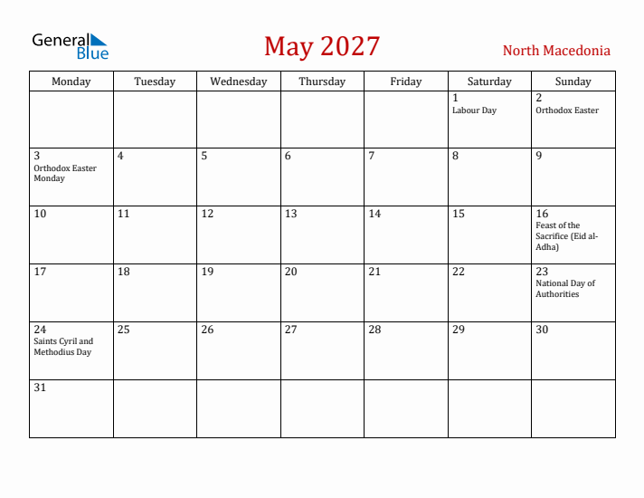 North Macedonia May 2027 Calendar - Monday Start