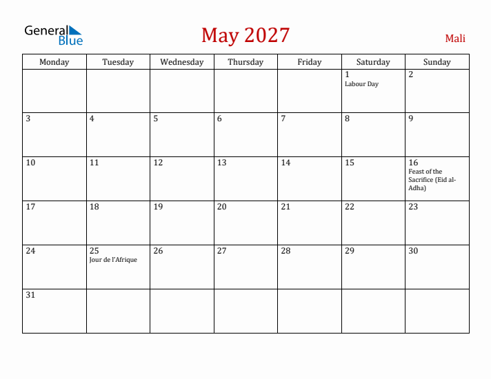 Mali May 2027 Calendar - Monday Start