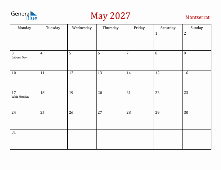 Montserrat May 2027 Calendar - Monday Start