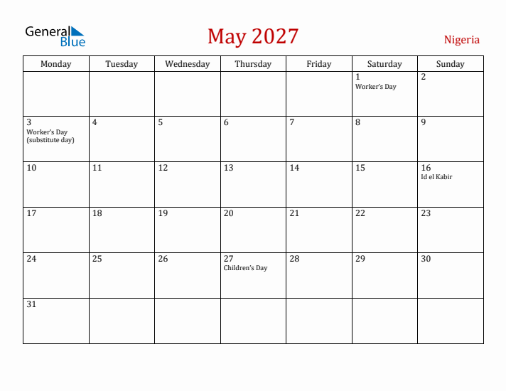 Nigeria May 2027 Calendar - Monday Start
