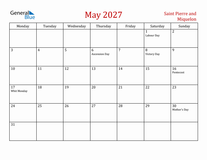 Saint Pierre and Miquelon May 2027 Calendar - Monday Start