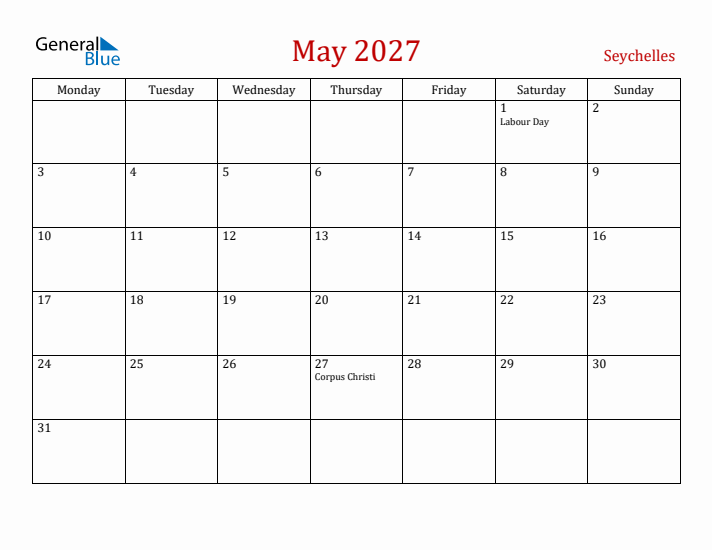 Seychelles May 2027 Calendar - Monday Start
