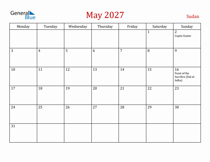 Sudan May 2027 Calendar - Monday Start